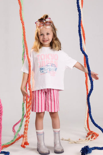 Girls Tokyo Japan Summer Set – White Graphic T-Shirt & Pink Striped Shorts