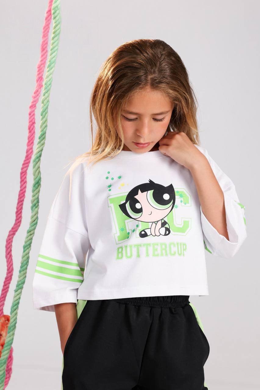 Buttercup Powerpuff Girls Girls Casual Set – White Graphic Top & Black Side Stripe Pants