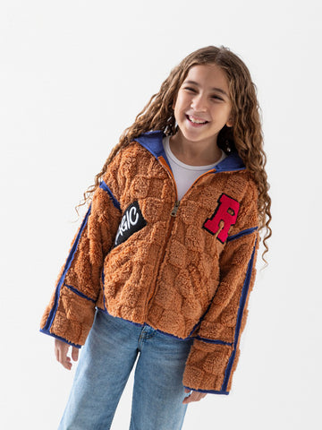Brown Furry Check Jacket with Letter Patch – Cozy & Trendy Winter Style