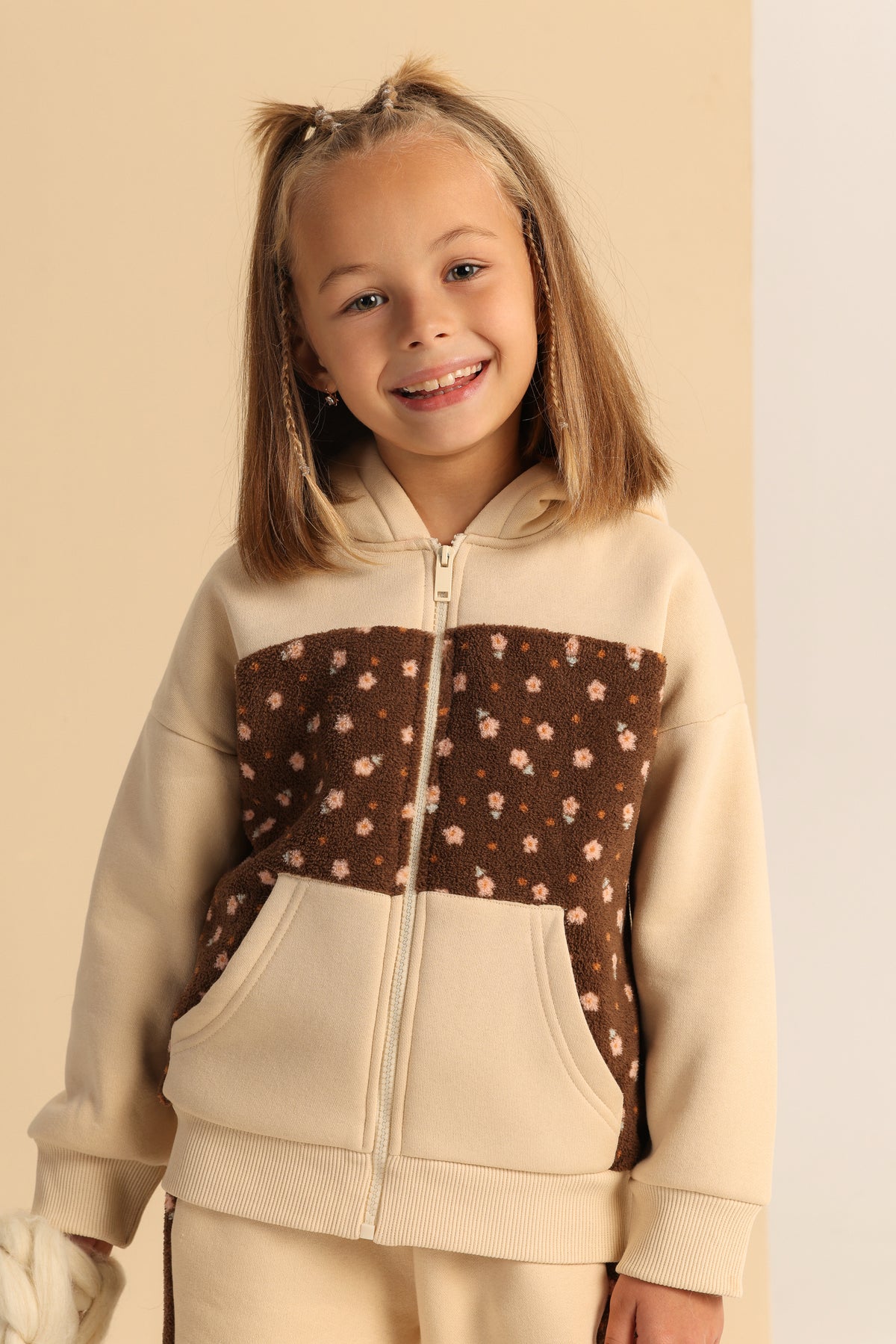 Floral Teddy Girls’ Zip-Up Set – Cream & Brown