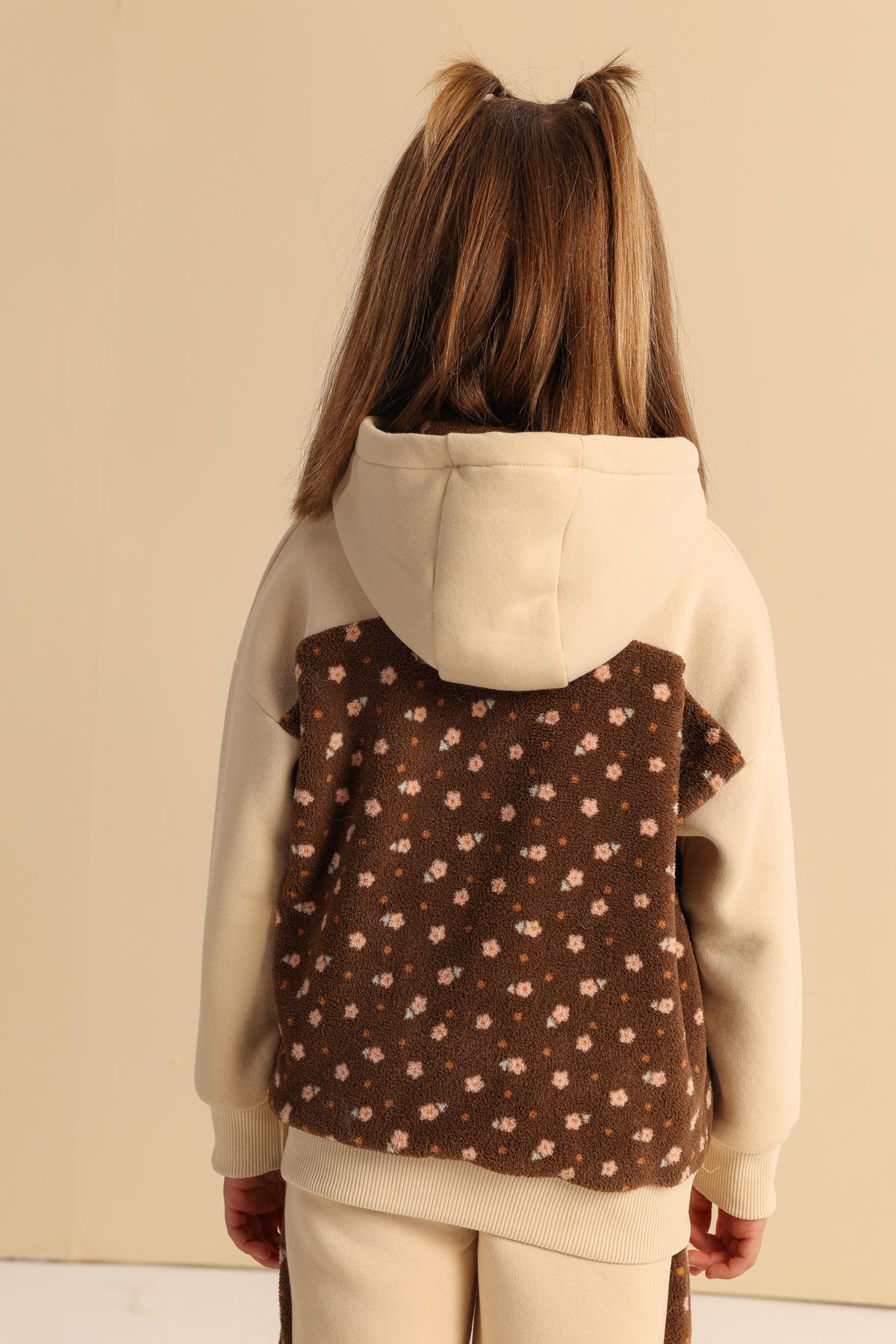 Floral Teddy Girls’ Zip-Up Set – Cream & Brown
