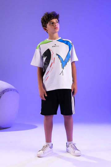 Boys White Graphic T-Shirt & Black Sports Shorts Set