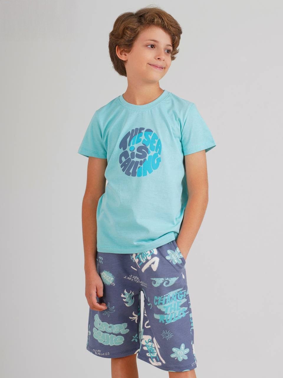 Boys Chill Vibes Summer Set – Aqua Tee & Printed Shorts