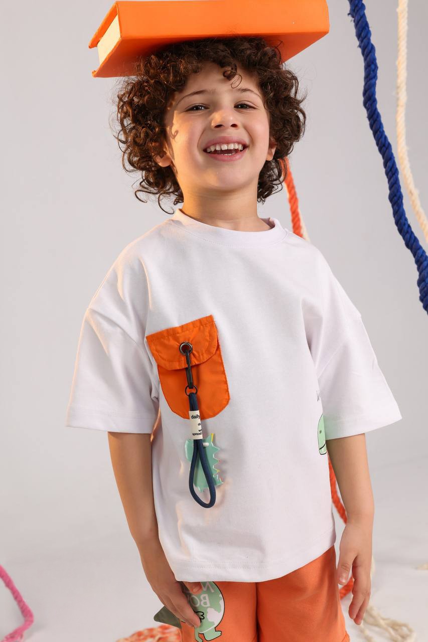 Boys Dino Pocket Summer Set – White Oversized Tee & Orange Shorts