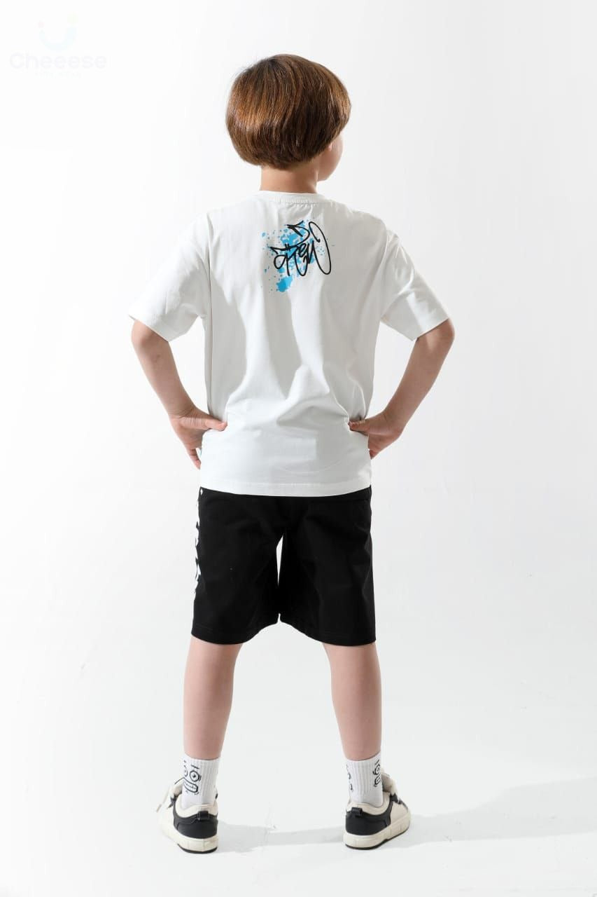 Kids White Graffiti T-Shirt & Black Shorts Set – Trendy Summer Outfit