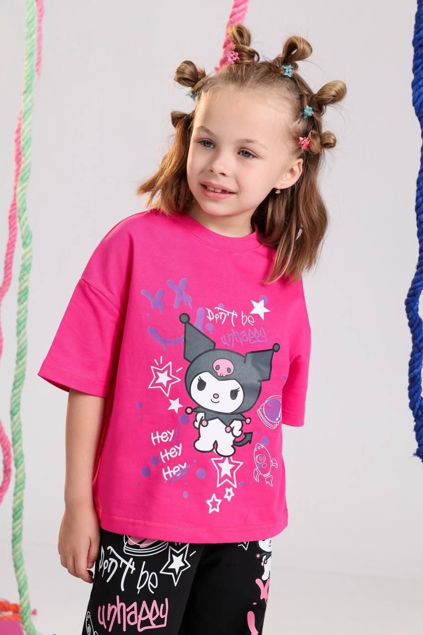 Girls Cartoon Print Two-Piece Set – Pink T-Shirt and Black Wide-Leg Pants