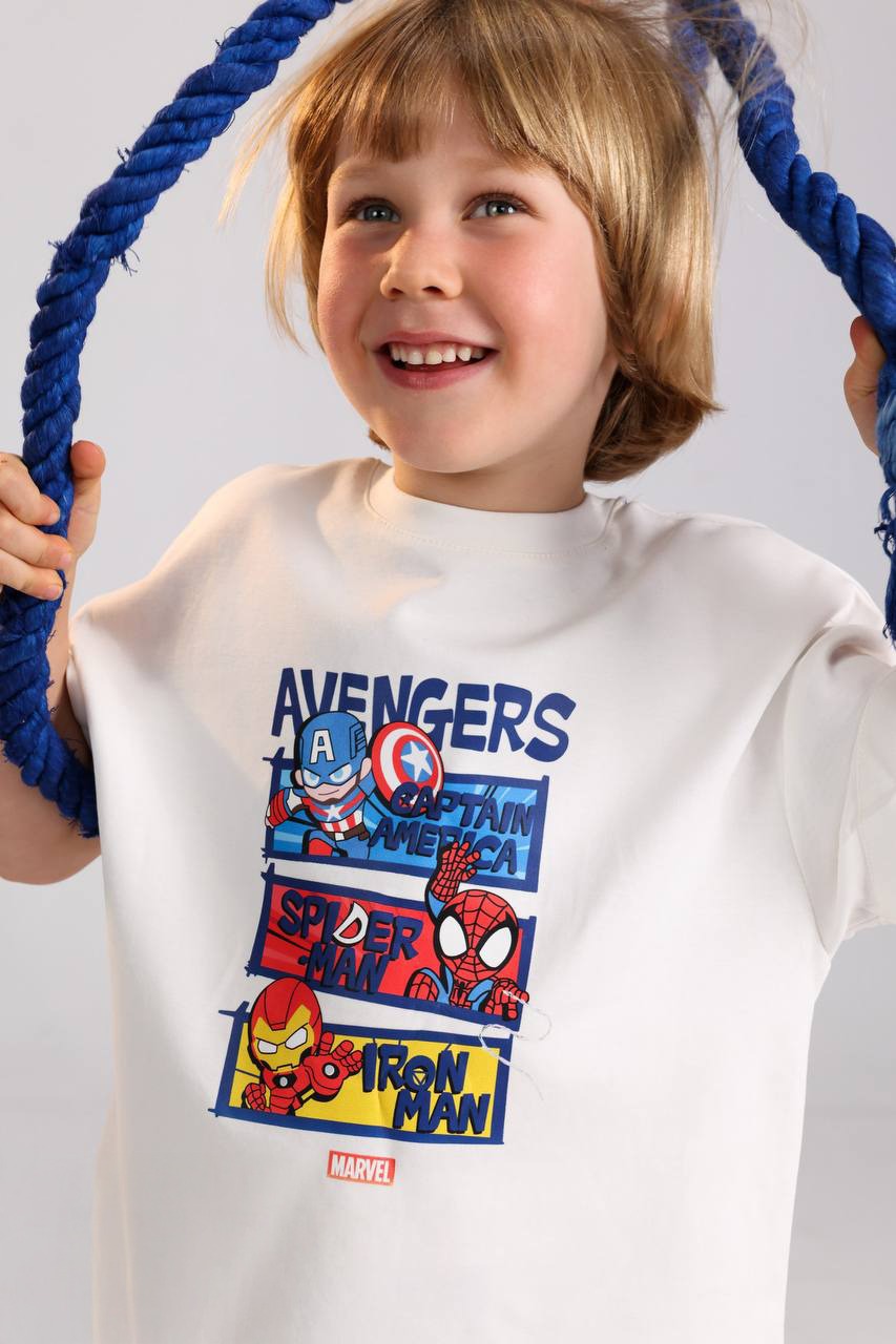 Marvel Avengers Kids Summer Set – White T-Shirt & Blue Striped Shorts