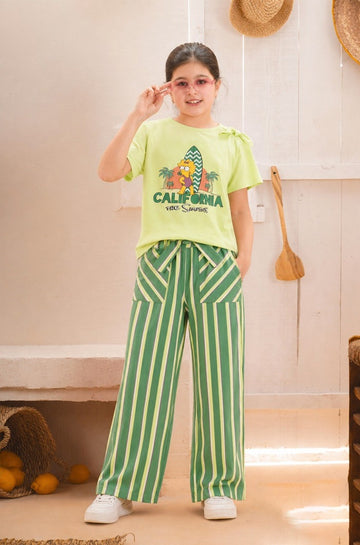 Girls Green California Graphic Top with Striped Pants Set
