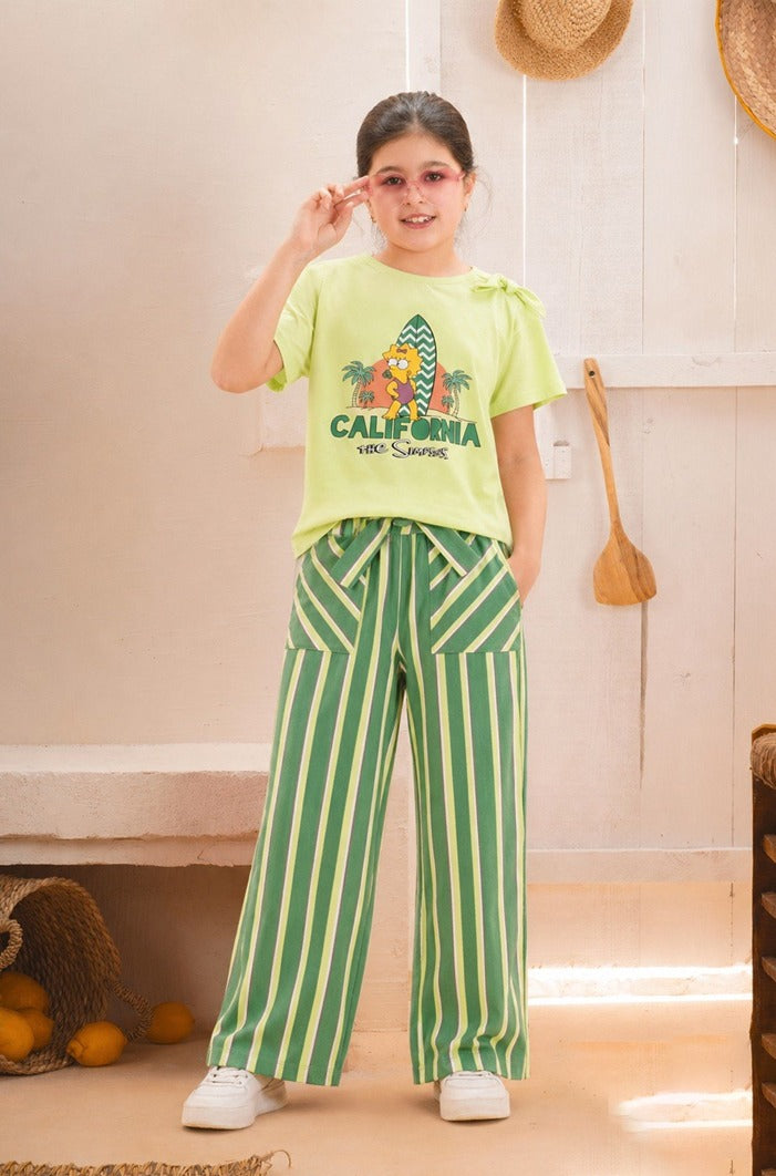 Girls Green California Graphic Top with Striped Pants Set