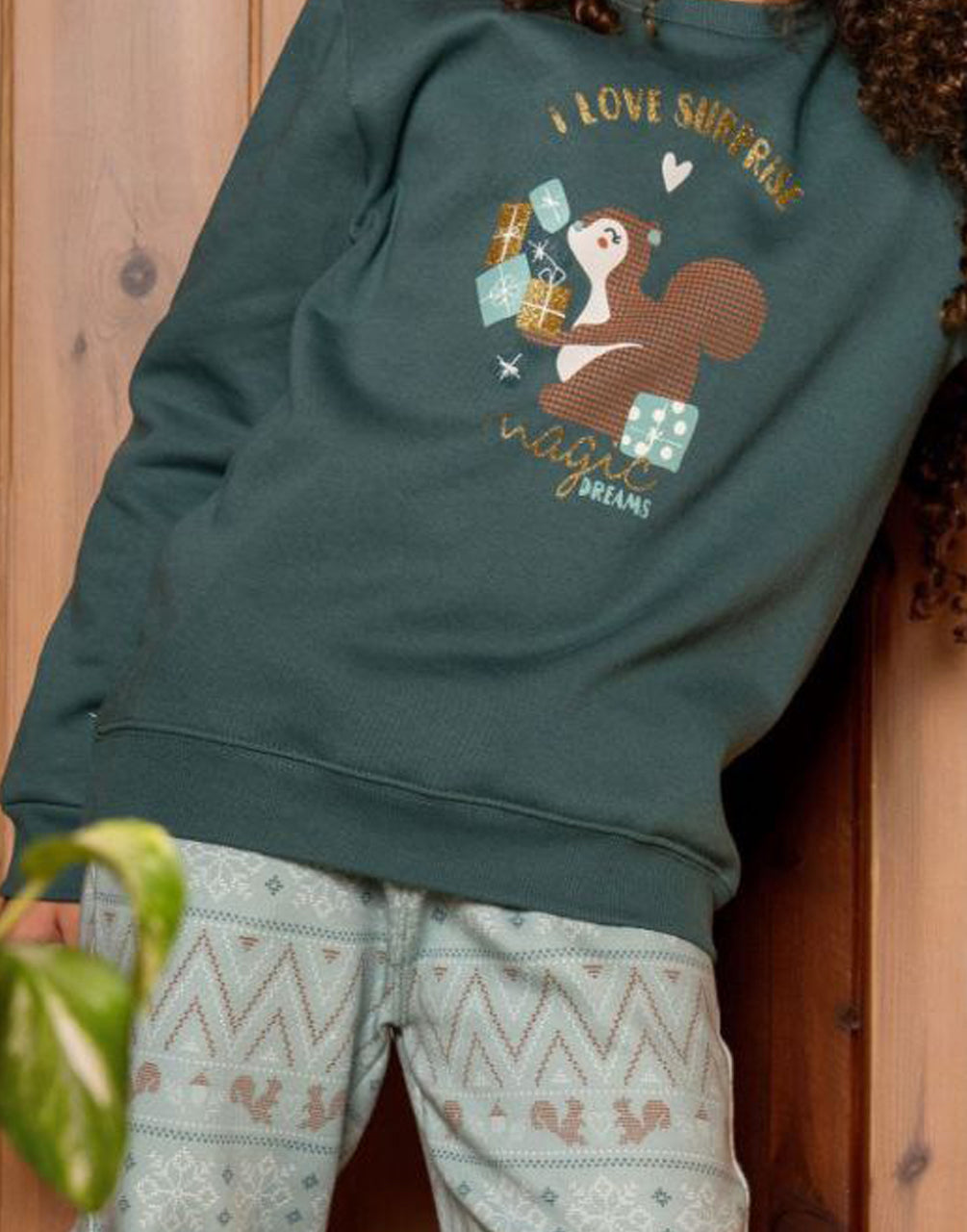Warm Girls’ Pajama – Green Top & Patterned Pants