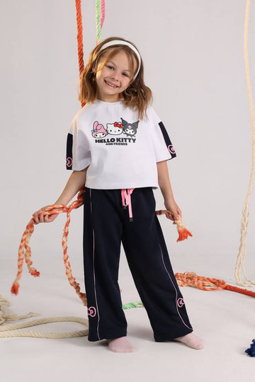 Hello Kitty & Friends Girls Summer Set – White Oversized T-Shirt & Navy Wide-Leg Pants