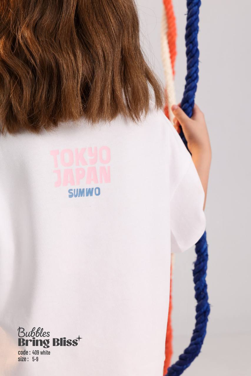 Girls Tokyo Japan Summer Set – White Graphic T-Shirt & Pink Striped Shorts