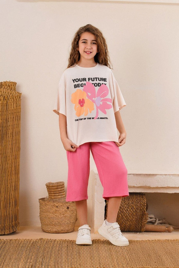 Girls Floral Summer Set – Oversized Graphic Tee & Pink Wide-Leg Pants