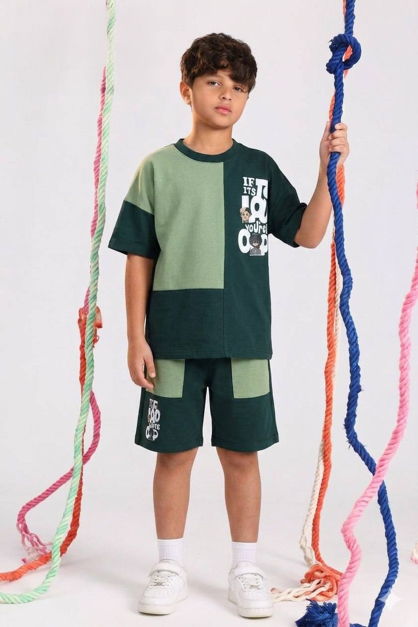 Boys Color Block Summer Set – Green Casual T-Shirt & Shorts Outfit