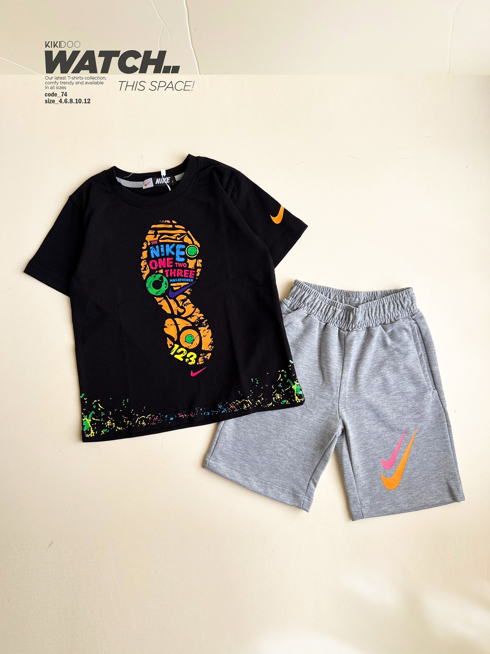 Boys' Black Nike T-Shirt with Footprint Print & Light Grey Shorts Set