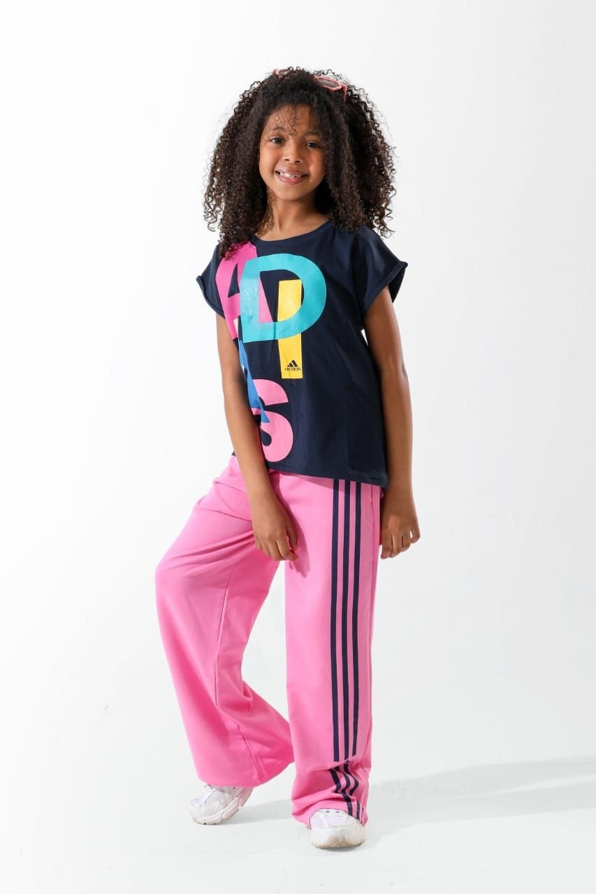 Kids Navy Graphic T-Shirt with Pink Track Pants Set