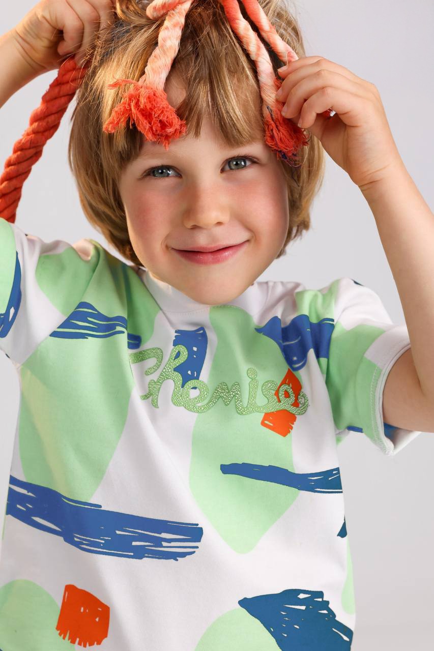 Kids Abstract Print Summer Set – White Graphic T-Shirt & Blue Shorts
