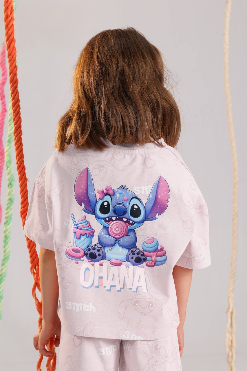 Girls Stitch Ohana Summer Set – Pink Oversized T-Shirt & Shorts