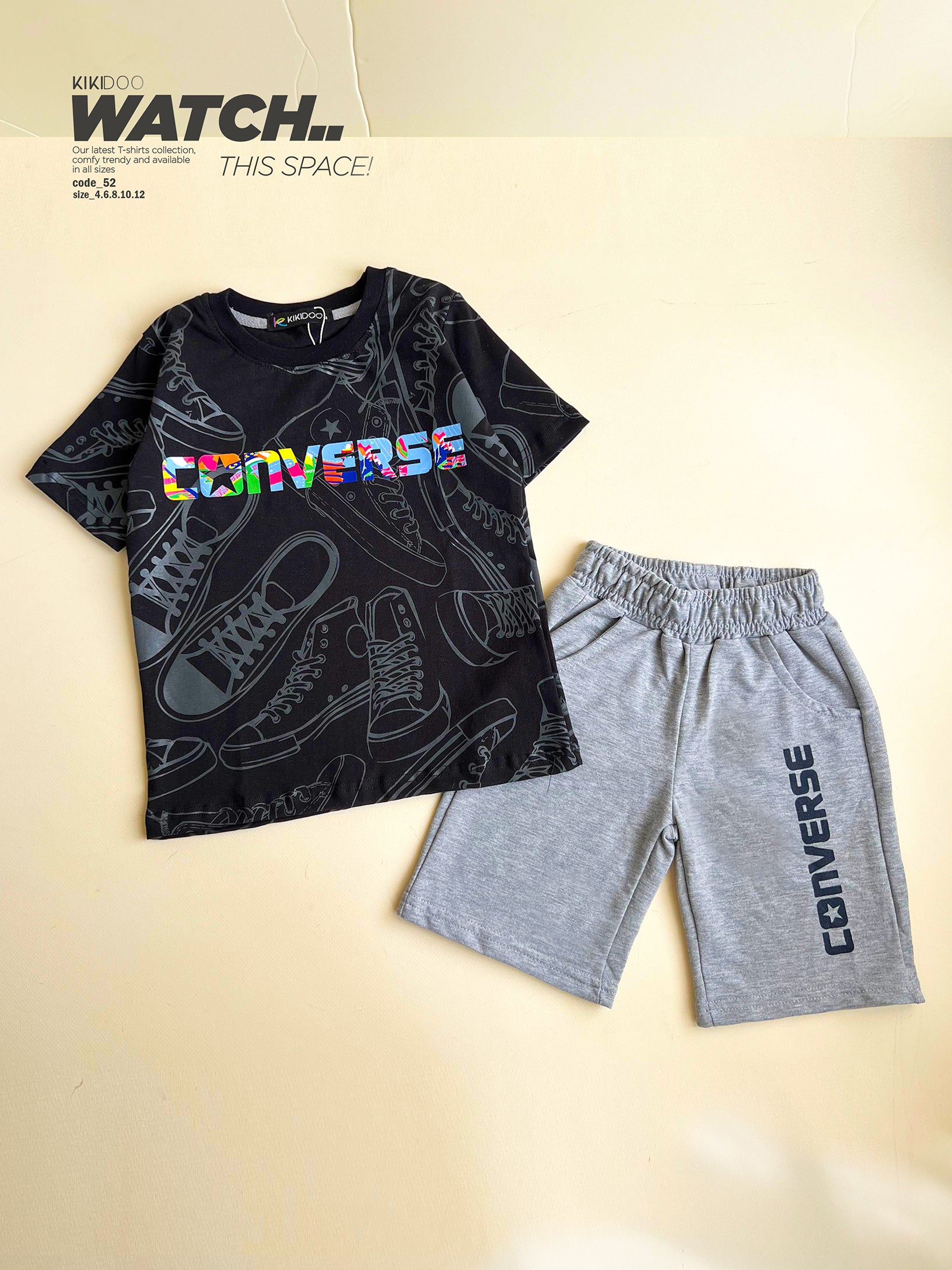 Boys’ Converse Graphic Sports Set – Grey Tee & Black Shorts for Basketball & Play