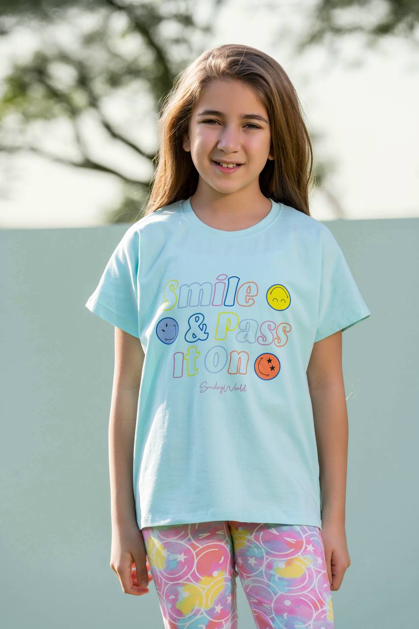 Girls Smile & Passion Summer Set – Graphic Tee & Colorful Leggings