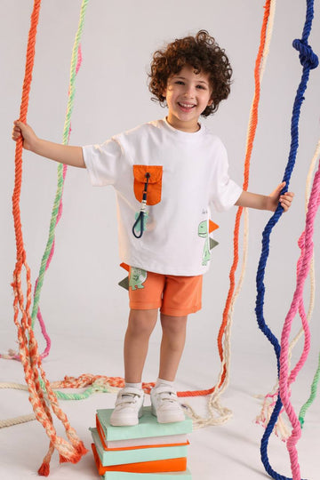 Boys Dino Pocket Summer Set – White Oversized Tee & Orange Shorts