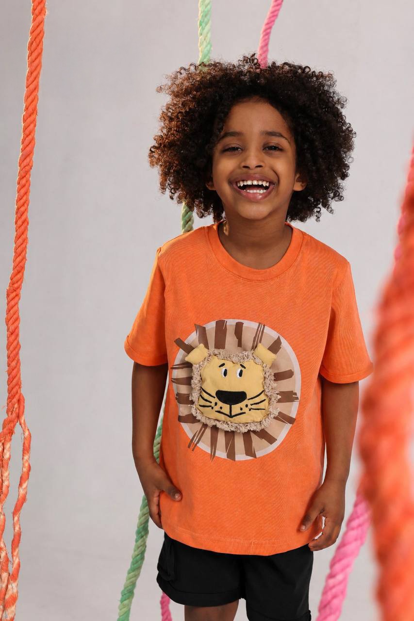 Kids Lion Graphic Summer Set – Orange T-Shirt & Black Shorts
