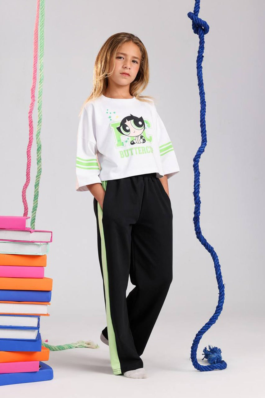 Buttercup Powerpuff Girls Girls Casual Set – White Graphic Top & Black Side Stripe Pants
