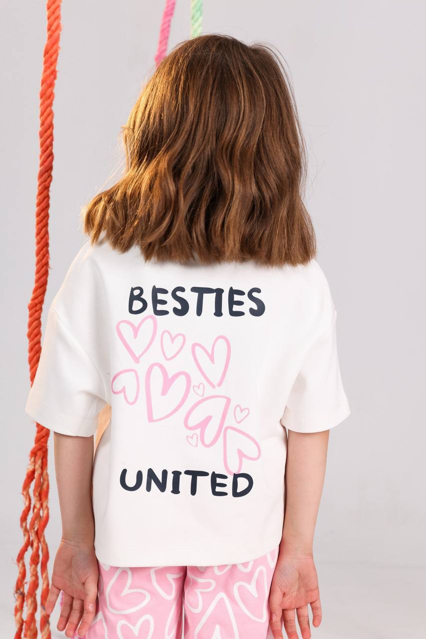 Besties Girls Casual Set – White Top & rose Heart Print Pants