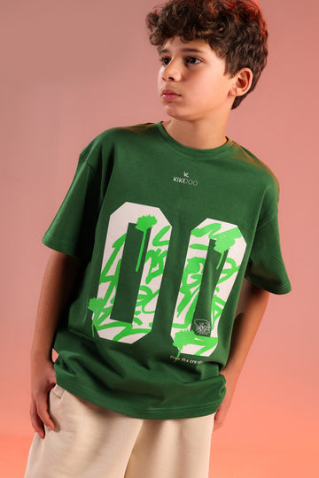 Kikidoo Boys' Oversized Green Graphic T-Shirt & Cream Cargo Shorts Summer Set