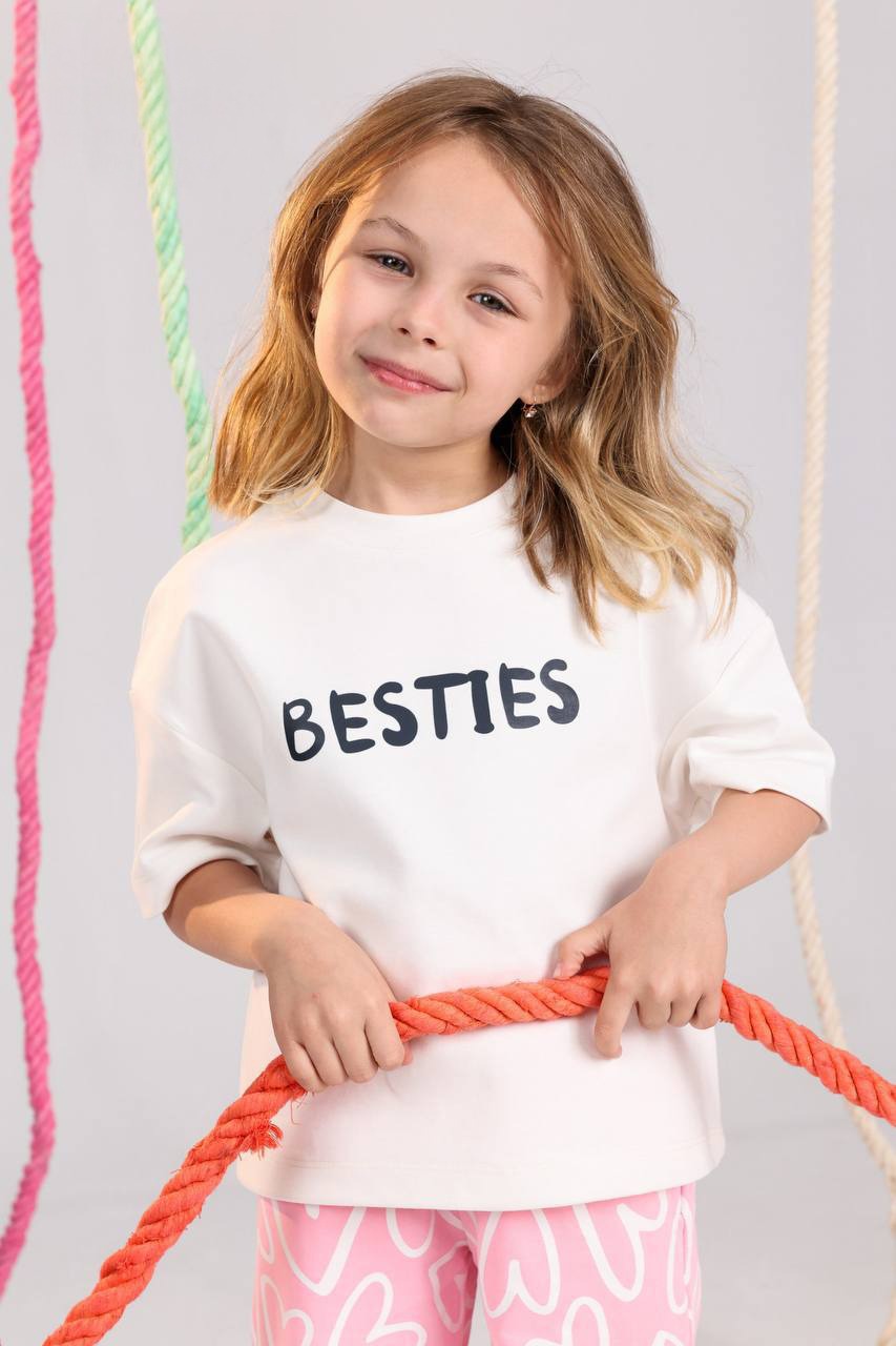 Besties Girls Casual Set – White Top & rose Heart Print Pants