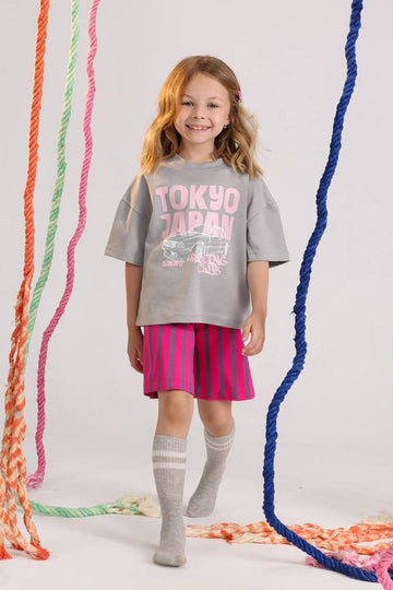 Girls Tokyo Japan Summer Set – Grey Oversized T-Shirt & Pink Striped Shorts