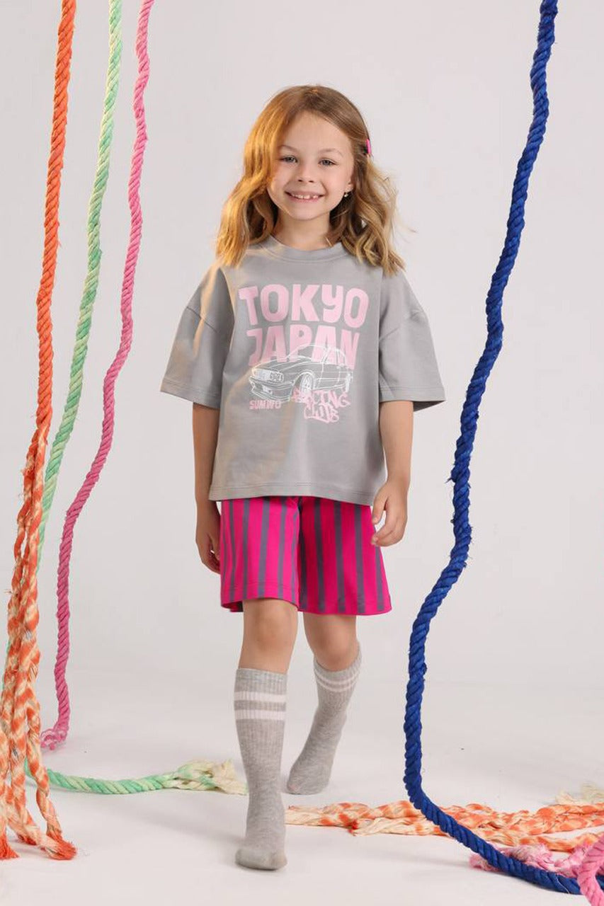 Girls Tokyo Japan Summer Set – Grey Oversized T-Shirt & Pink Striped Shorts