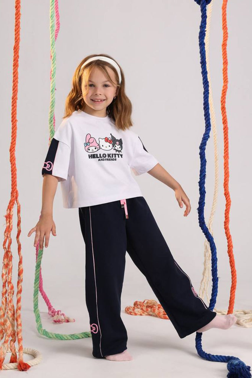 Hello Kitty & Friends Girls Summer Set – White Oversized T-Shirt & Navy Wide-Leg Pants
