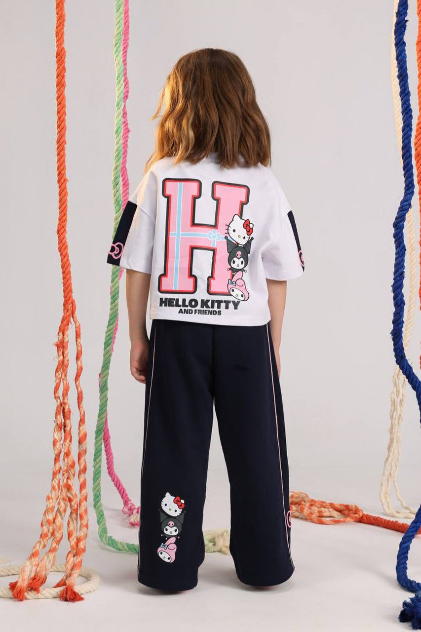 Hello Kitty & Friends Girls Summer Set – White Oversized T-Shirt & Navy Wide-Leg Pants