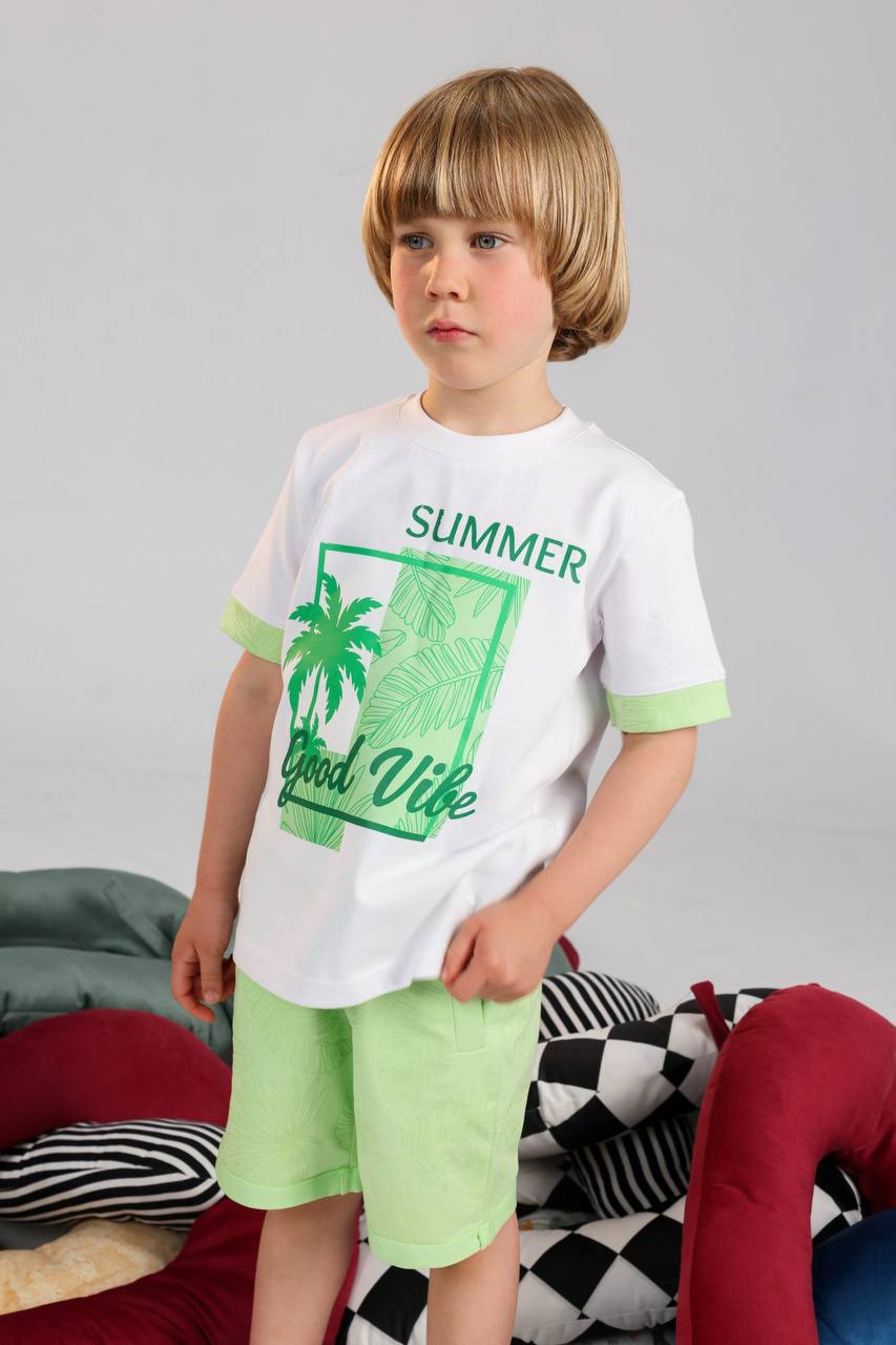 Summer Kids Fashion Set – White T-Shirt and Light Green Shorts