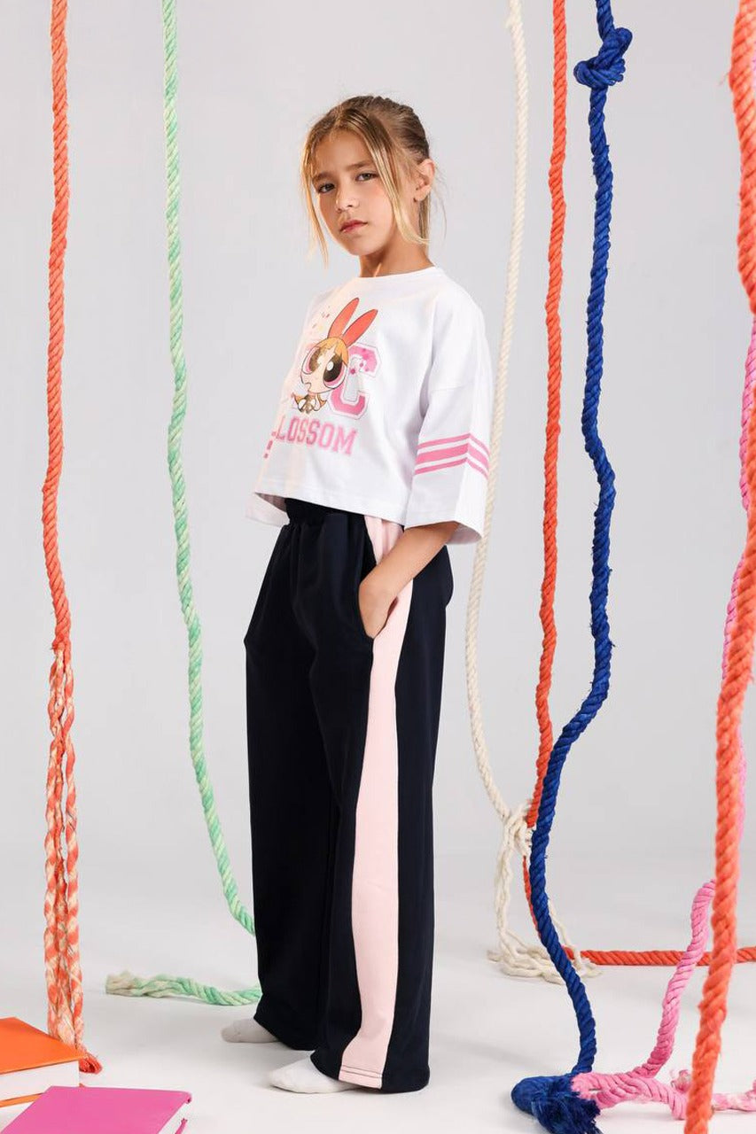 Girls Blossom Powerpuff Summer Set – White Oversized Top & Navy Pants