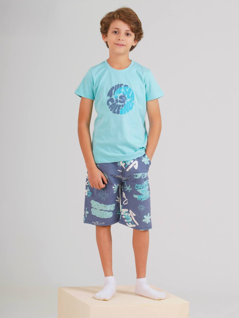 Boys Chill Vibes Summer Set – Aqua Tee & Printed Shorts