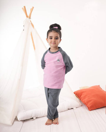 Warm Fleece Pajamas for Girls – Pink Top with Cat Detail