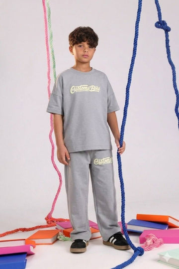 Kids Oversized Summer Set – Grey Graphic T-Shirt & Matching Shorts