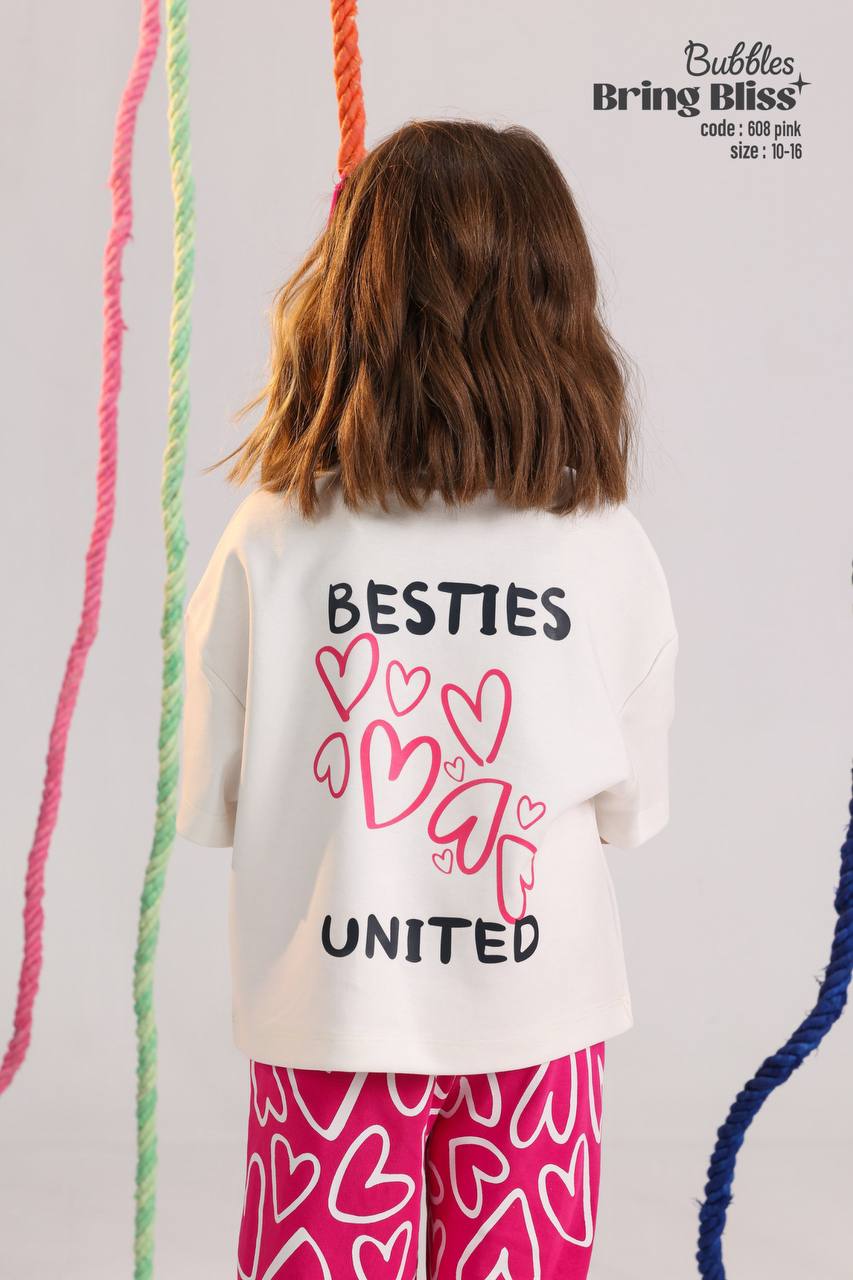 Besties Girls Casual Set – White Top & Pink Heart Print Pants
