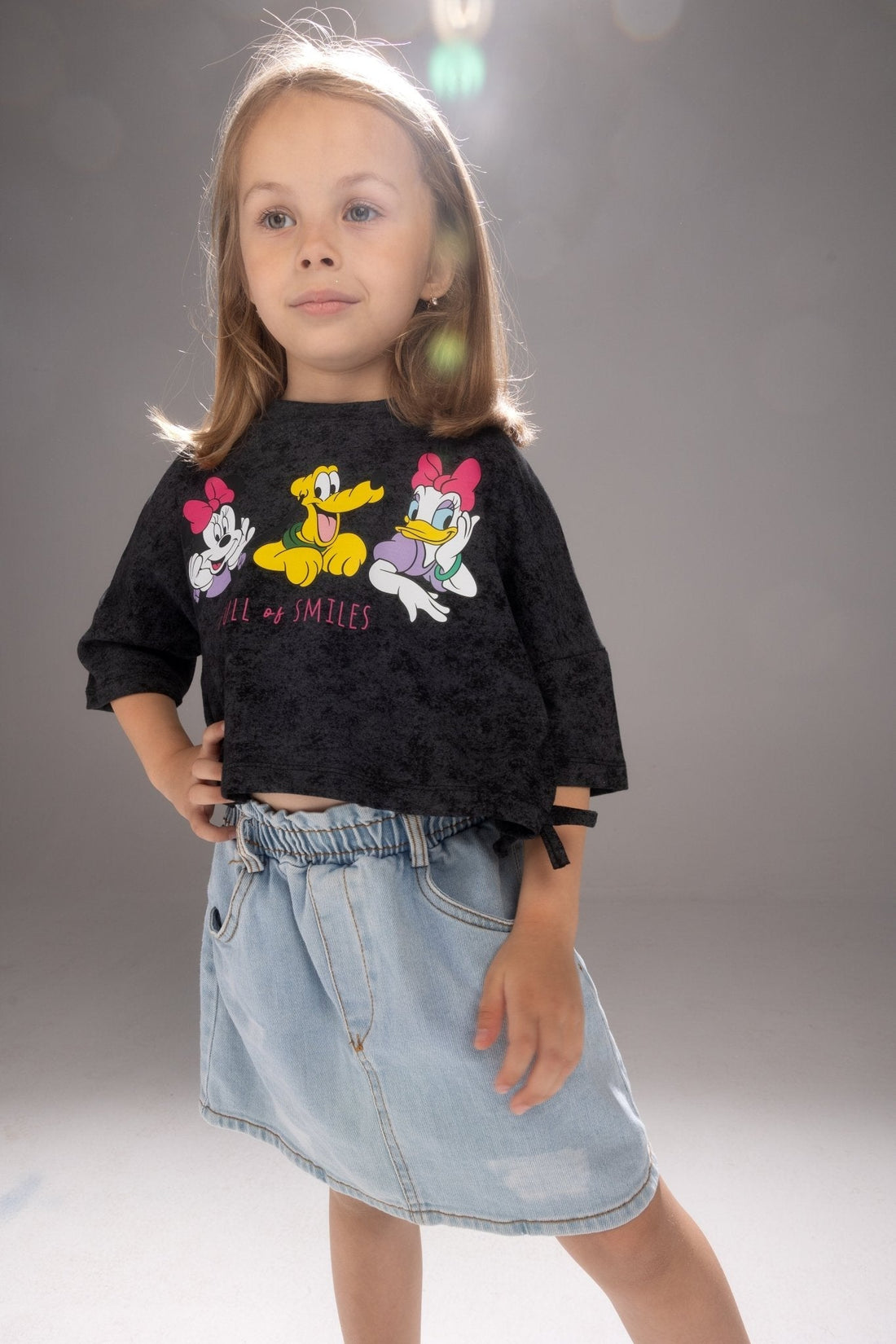 Girls colorful cartoon print cropped sweatshirt and denim skirt set for ages 3-7 - Bubbles Kidswear Egypt