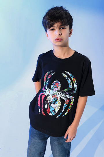 Boys Spider Graphic T-Shirt – Black Oversized Comic Print Tee