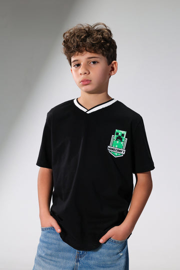 Minecraft Boys Black V-Neck T-Shirt – Creeper Edition
