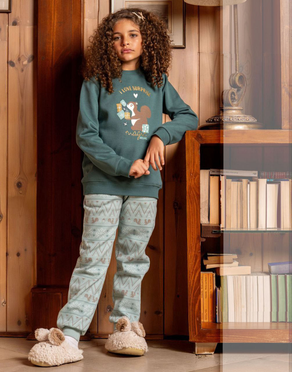Warm Girls’ Pajama – Green Top & Patterned Pants