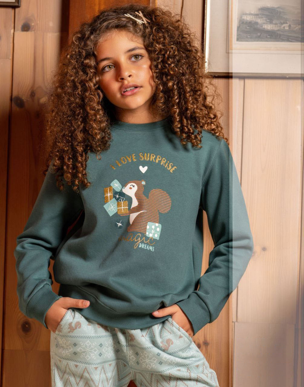 Warm Girls’ Pajama – Green Top & Patterned Pants