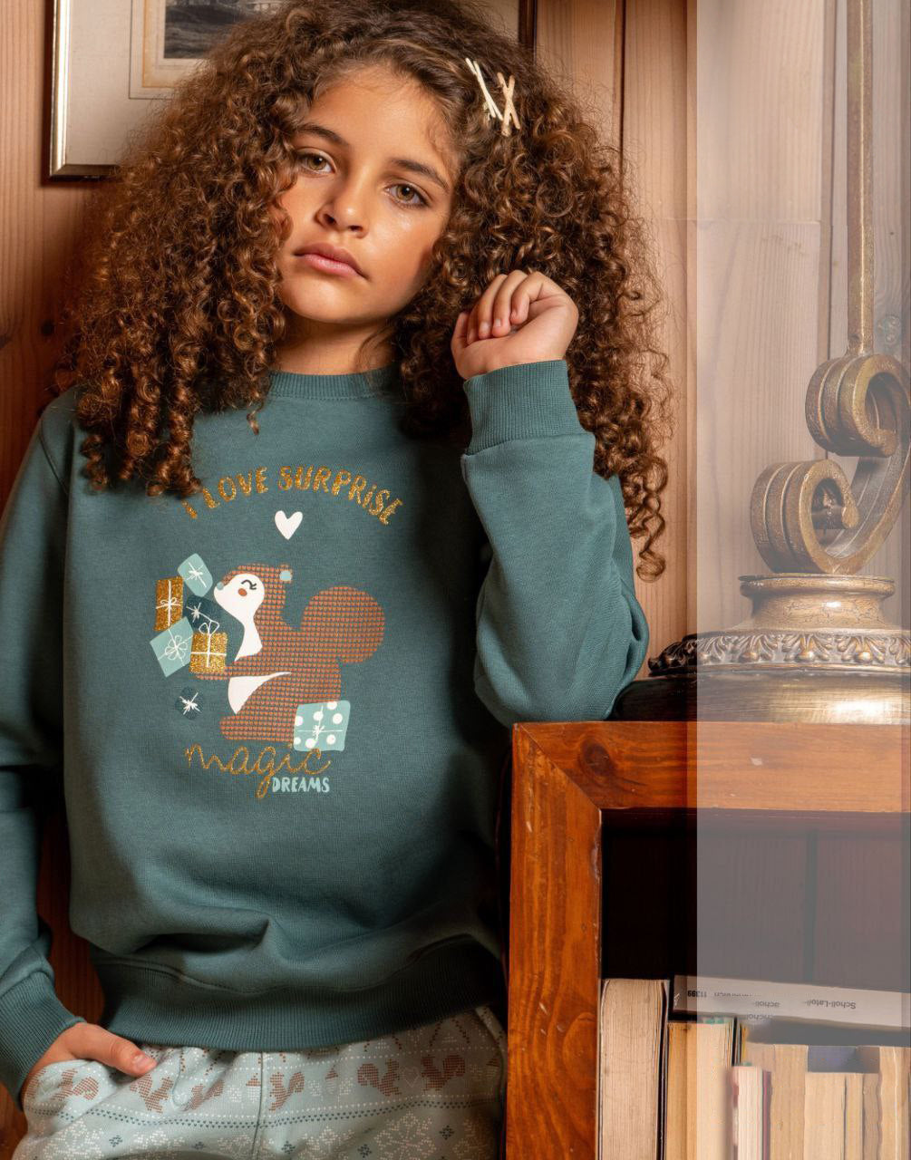 Warm Girls’ Pajama – Green Top & Patterned Pants