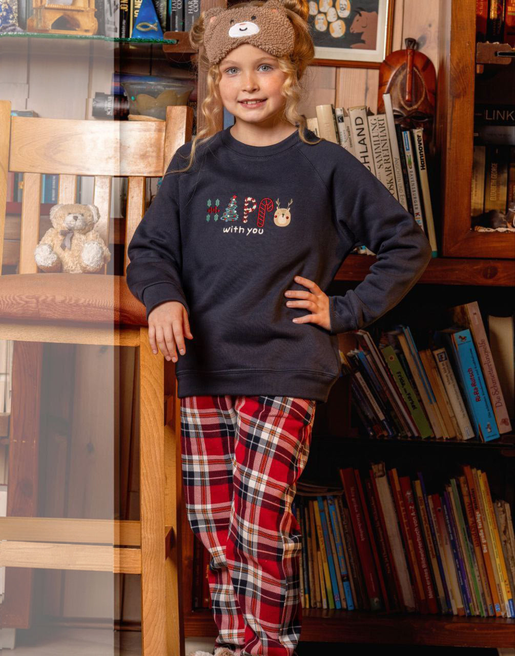 Holiday Girls’ Sleepwear – Red Plaid Pants & Festive Top