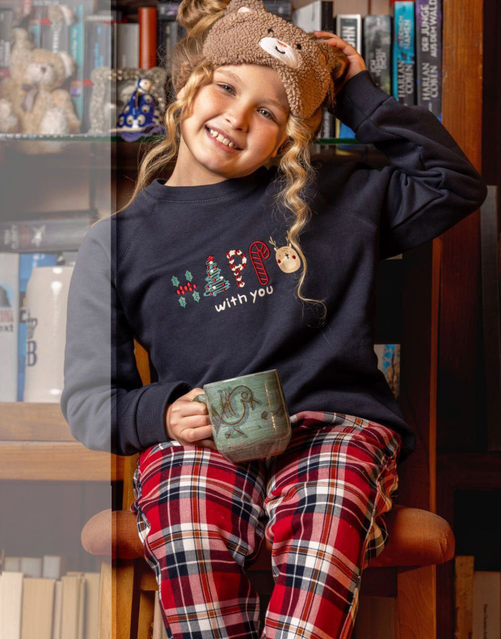 Holiday Girls’ Sleepwear – Red Plaid Pants & Festive Top