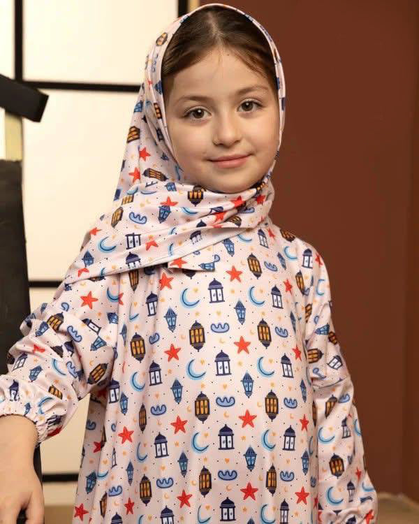 Girls Ramadan Printed Prayer Dress with Matching Hijab – Modest Kids Prayer Outfit