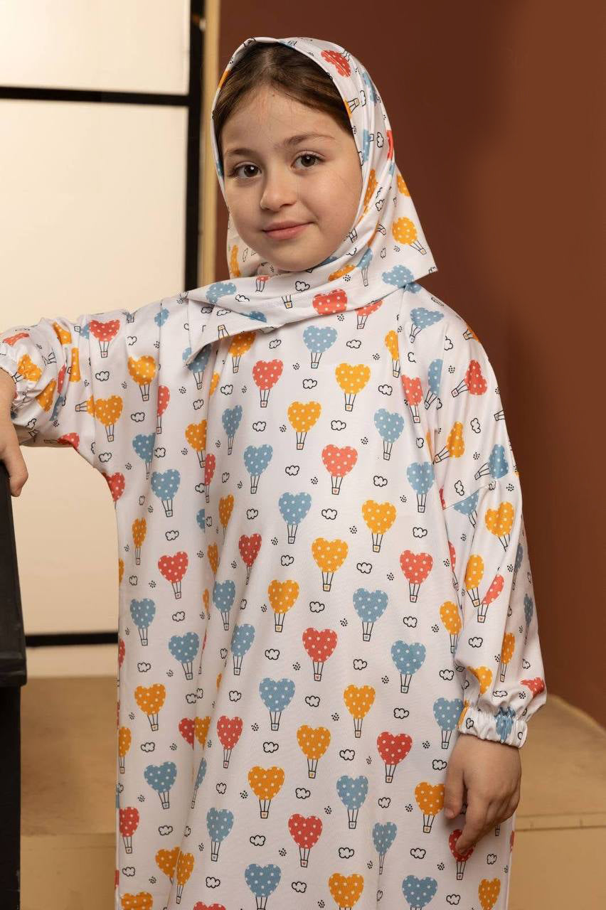 Girls Balloon Printed Prayer Dress with Matching Hijab – Cute Modest Wear for Girls